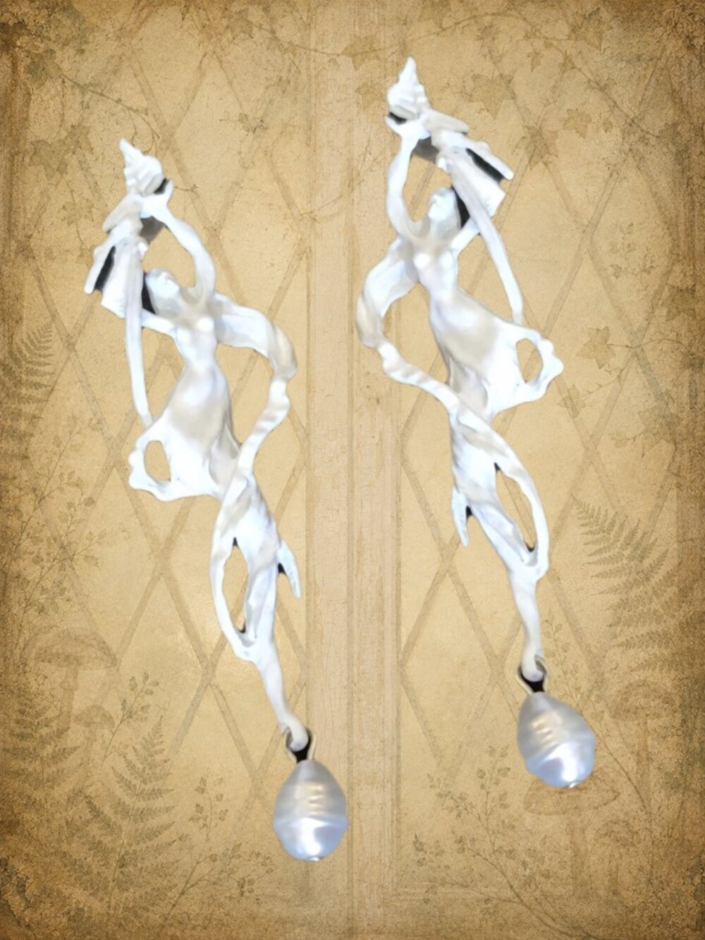 Beyond Midnight 🦉🧚‍♀️ White Long Stud Earrings - Woman Shaped with Pearls